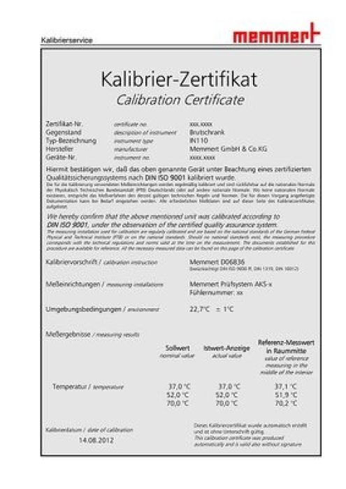 Memmert D00128 kalibratiecertificaat 3 temperaturen UN/UF